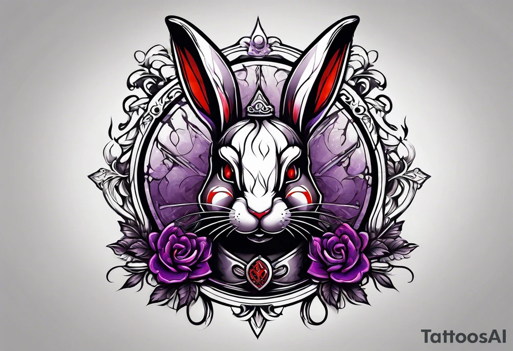 Black, red, and purple rabbit holding a sword tattoo idea