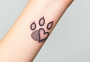 A dotwork-style paw print using only black ink with carefully placed stippling for a soft, shaded texture with heart tattoo idea