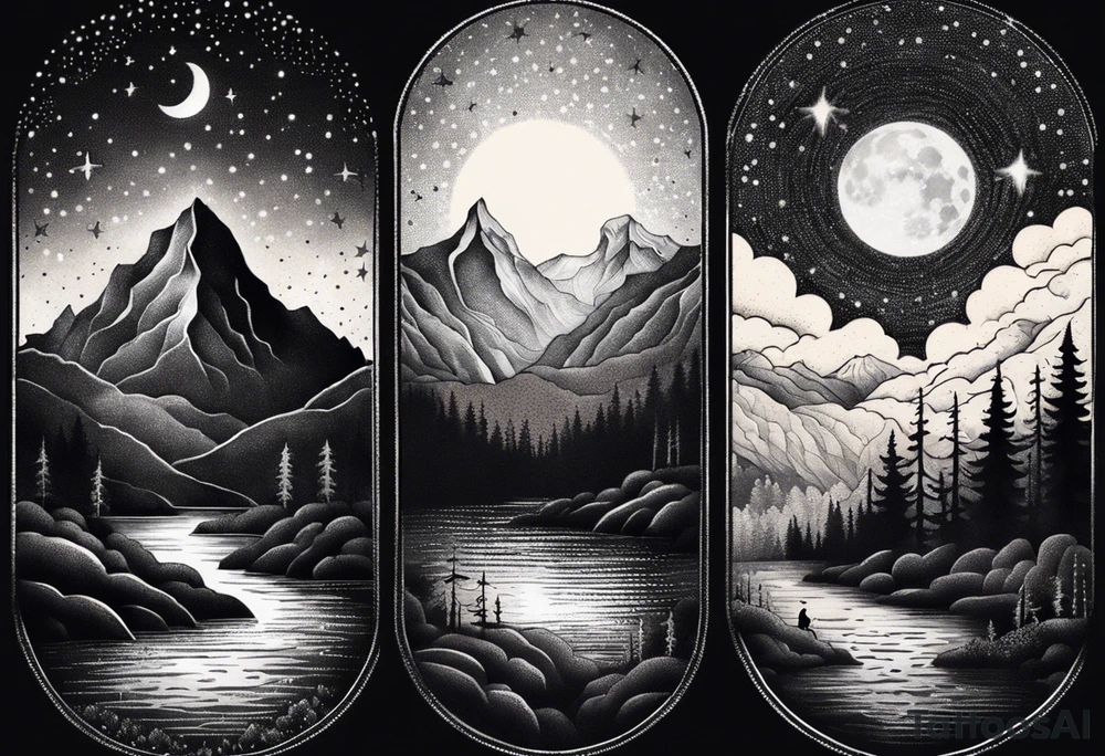 nature with mountains, waterfall, water, and a father and son in the background and and moon/sun in the sky with stars tattoo idea