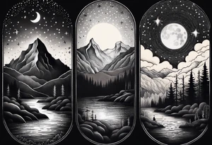 nature with mountains, waterfall, water, and a father and son in the background and and moon/sun in the sky with stars tattoo idea