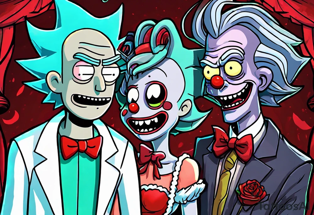 Rick and morty style cartoon with Stephen king’s Carrie in a prom dress covered in blood looking happy standing next to Stephen king’s pennywise in a 70s prom suit looking happy standing together in a prom photo pose tattoo idea