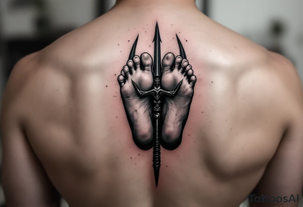 barefeet behind trident tattoo idea