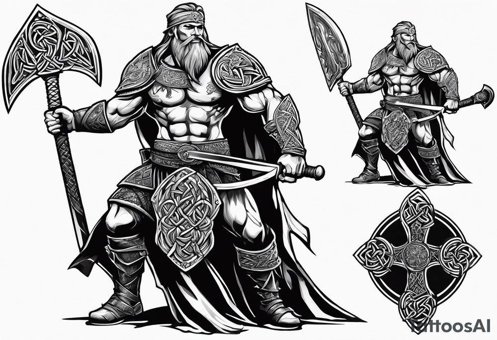 Side full body shot of Celtic warrior with sword and axe. tattoo idea