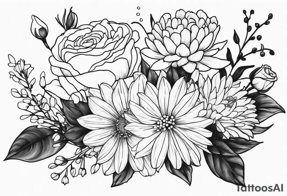 Asters, roses, lily of the valley, and chrysanthemums in a long line tattoo idea