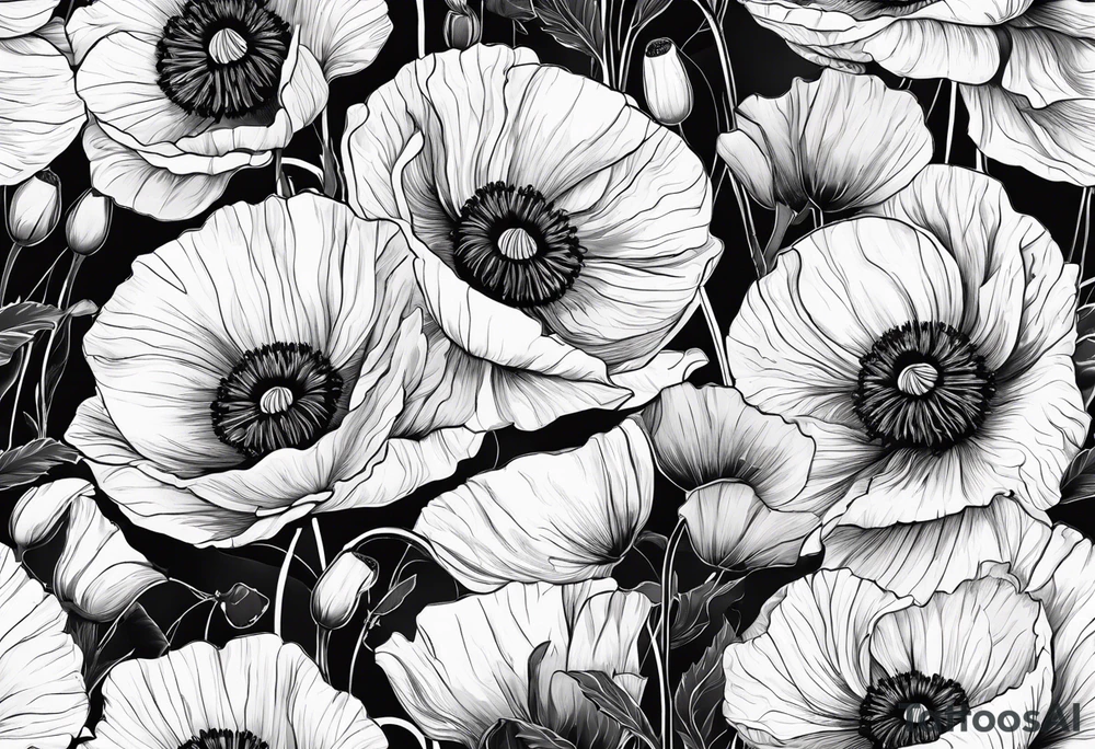 Poppy flowers with the date 1/15/22 in Roman numerals tattoo idea