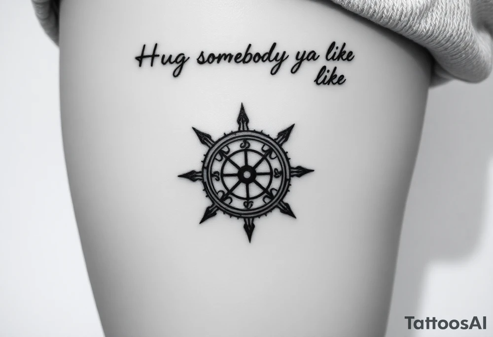 Three dimensional sundial casting shadow with handwriting “Hug somebody ya like” above. tattoo idea