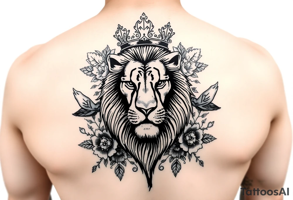 powerful majestic lion with a crown, surrounded by floral ornaments and birds tattoo idea