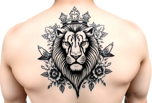 powerful majestic lion with a crown, surrounded by floral ornaments and birds tattoo idea