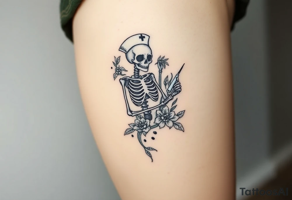 Pretty Nurse skeleton holding a needle with peonies and honey combs background tattoo idea