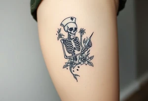 Pretty Nurse skeleton holding a needle with peonies and honey combs background tattoo idea
