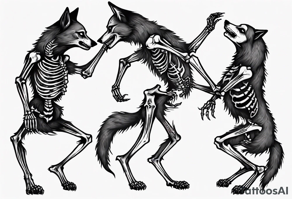 two wolf skeletons dancing tattoo idea