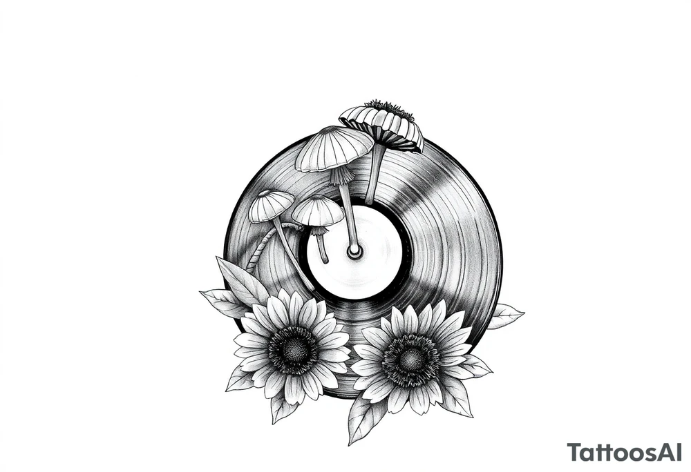 two overlapping vinyl records with mushrooms and sunflowers tattoo idea