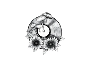 two overlapping vinyl records with mushrooms and sunflowers tattoo idea