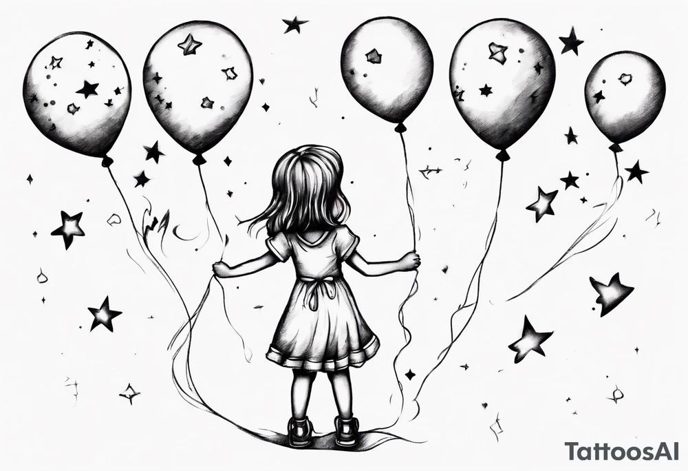 Little girl holding on to heart and star balloons and going up to the sky tattoo idea
