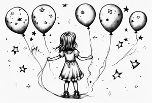 Little girl holding on to heart and star balloons and going up to the sky tattoo idea