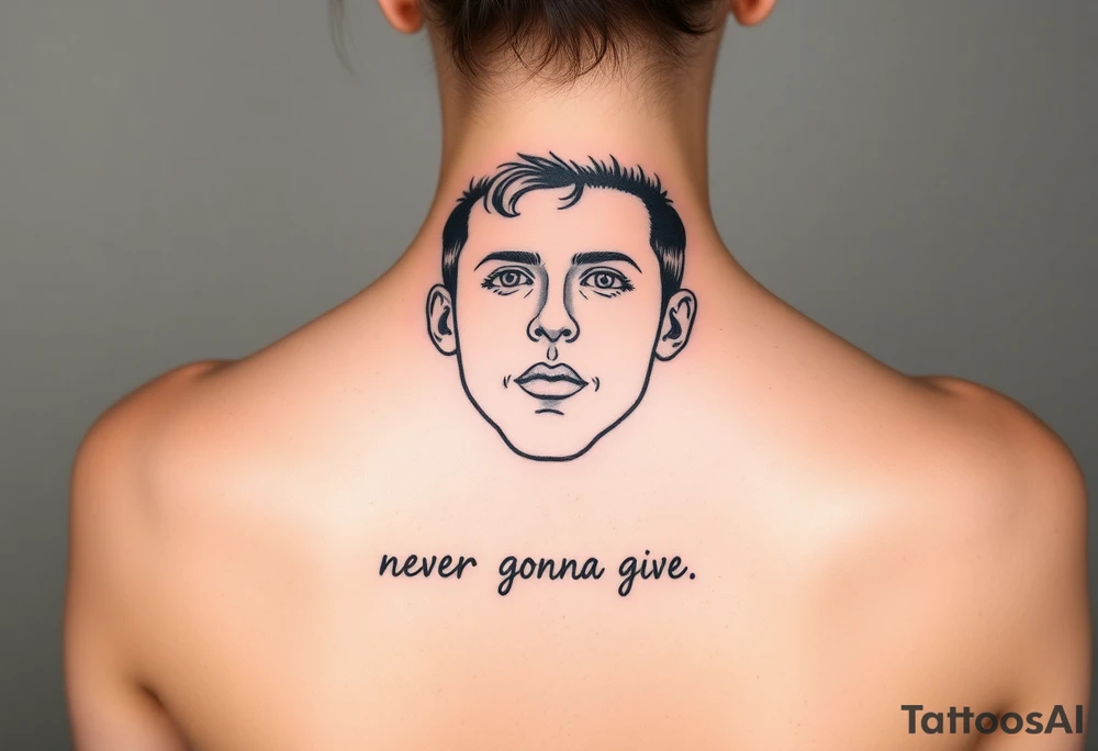 Young Rick Astley Face with Never Gonna Give You Up text tattoo idea