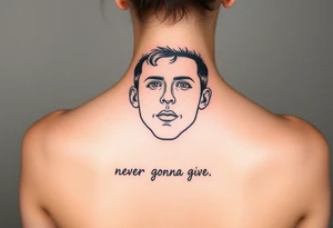 Young Rick Astley Face with Never Gonna Give You Up text tattoo idea