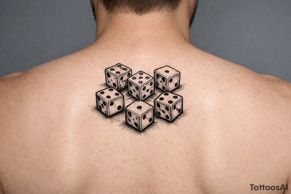 dice, vibrant colors, scattered on a flat surface. tattoo idea