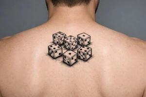 dice, vibrant colors, scattered on a flat surface. tattoo idea
