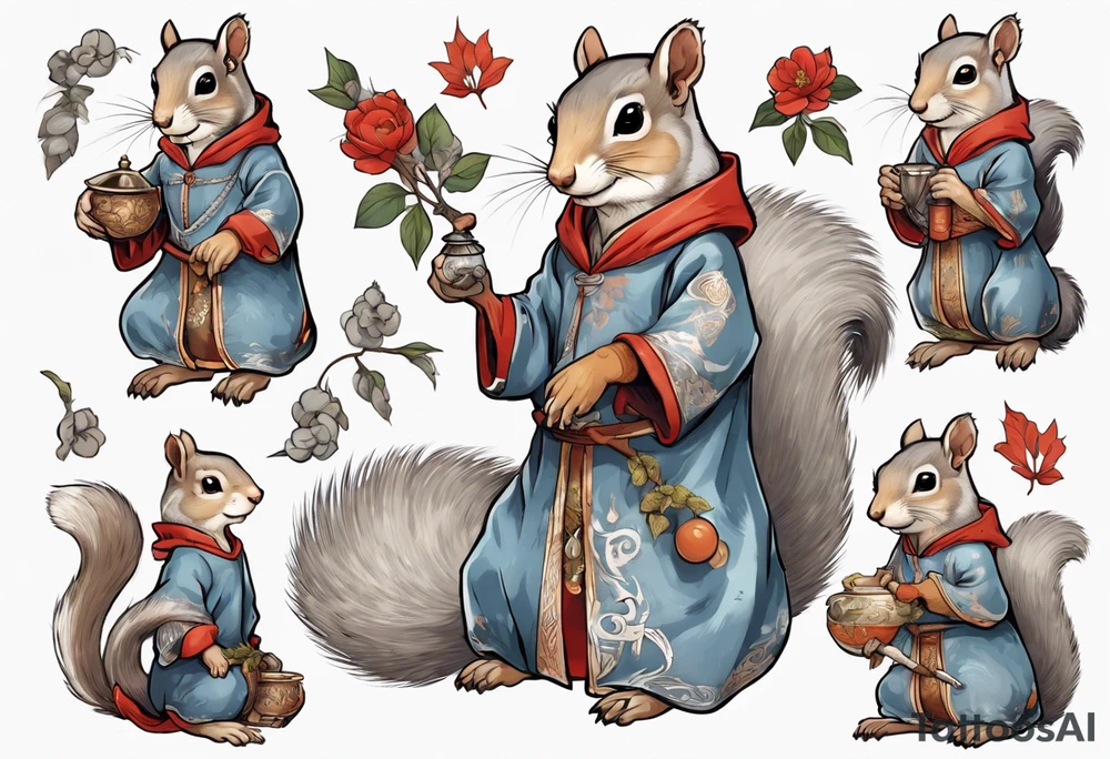 a grey squirrel dressed in a medieval tunic holding a silver branch tattoo idea