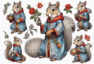 a grey squirrel dressed in a medieval tunic holding a silver branch tattoo idea