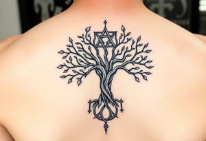 geometrical mystical tree of life with the star of David and cross cosmic roots and celestial symbols branches with HIV-positive symbol at bottom tattoo idea