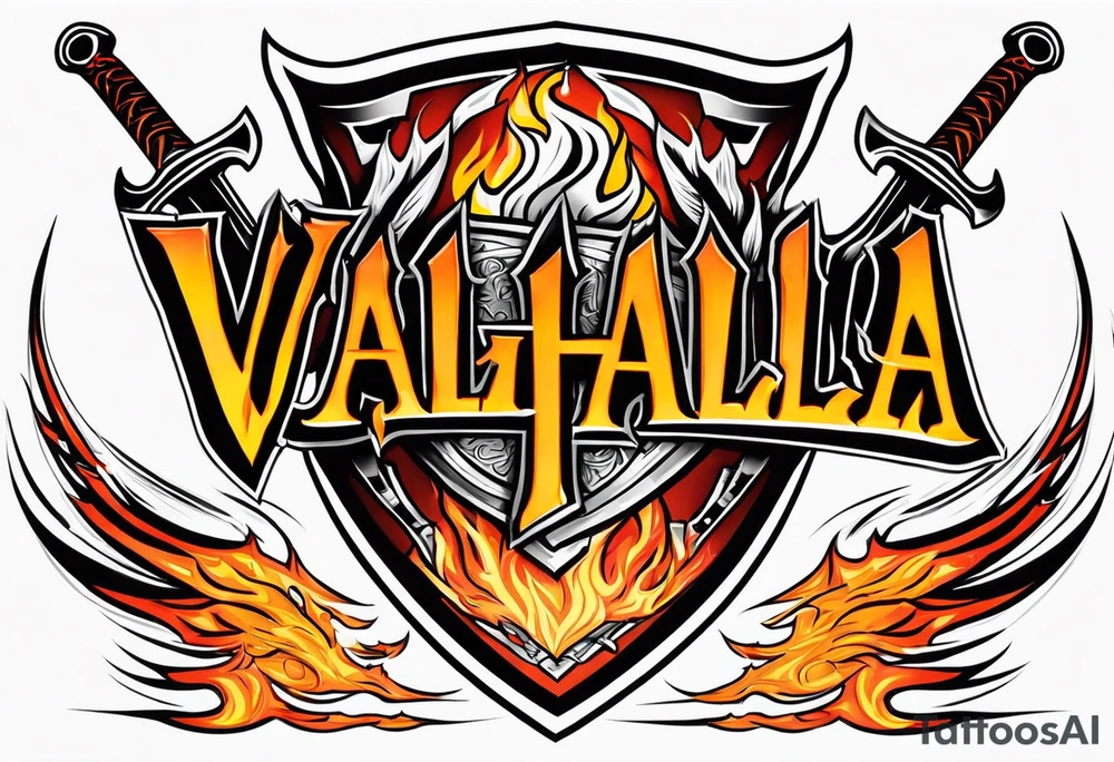 Valhalla on fire shield sword tattoo idea