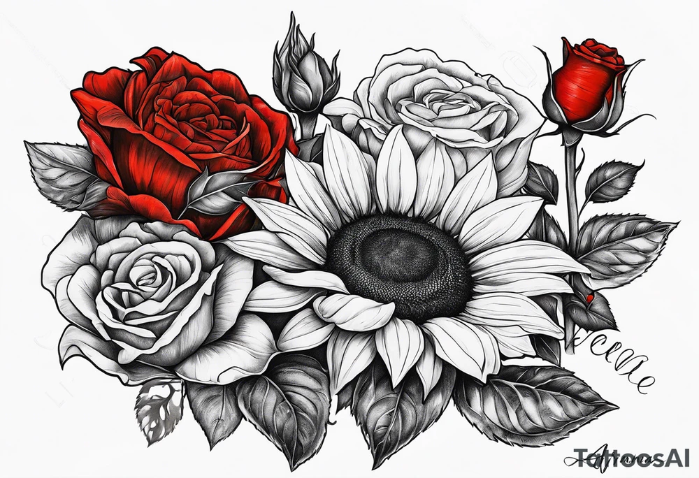 Sunflower and roses with the name Arianna in red scrip letters and “you are my sunshine” tattoo idea