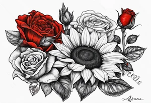 Sunflower and roses with the name Arianna in red scrip letters and “you are my sunshine” tattoo idea