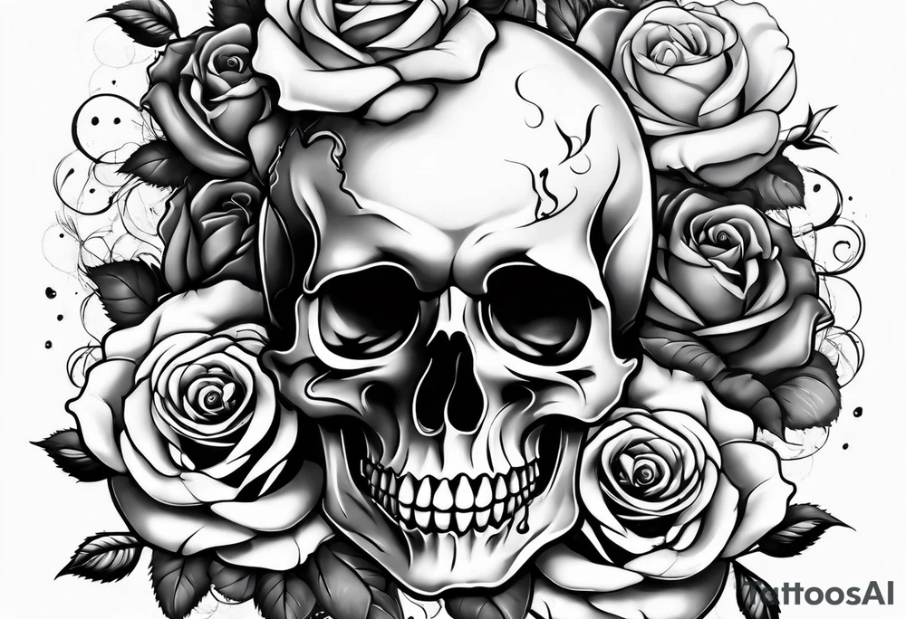 Roses stuffed inside a skull covered in smoke arms sleeve tattoo idea