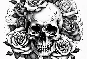 Roses stuffed inside a skull covered in smoke arms sleeve tattoo idea