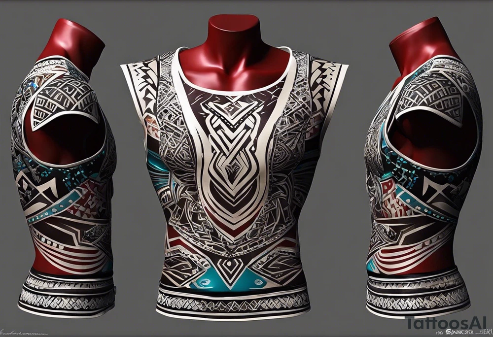 créer un tatouage pour homme dont le design part de l'omoplate et remonte vers l'épaule et passe sur le torse. Dans un style tribal et fantasy, il va prendre comme fond une montagne enneigée. Il y a ensuite un arbre de vie avec à sa base un taureau de terre et un tigre de feu, dans les branches de l'arbre, il y a un lapin d'eau et un serpent de bois qui courent tattoo idea