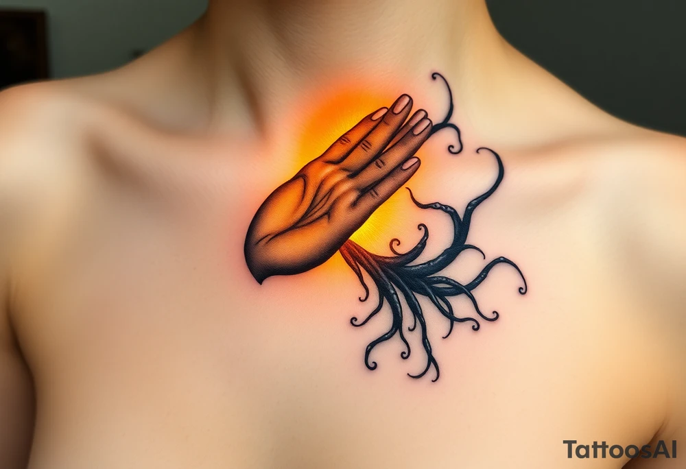 A soft golden light, spilling from an open hand, contrasting with shadowy black tendrils emerging from the other hand, representing a battle between inner purity and external corruption. The light is depicted in radiant yellows, while the dark side uses deep blues and blacks. tattoo idea
