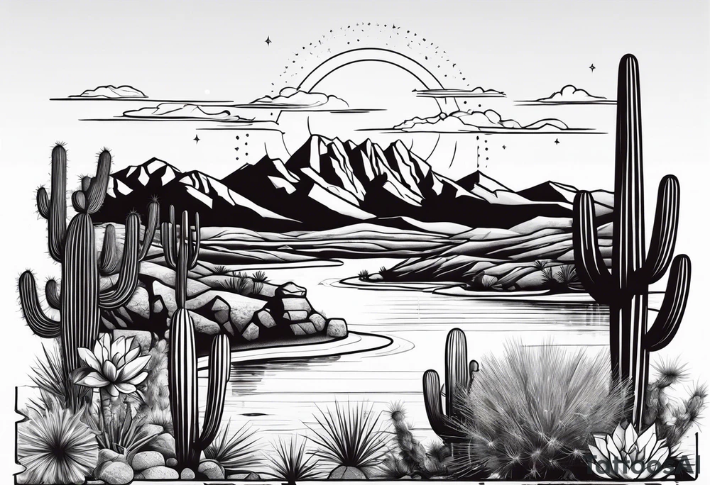 Arizona desert with lakes and mountains over cactus tattoo idea