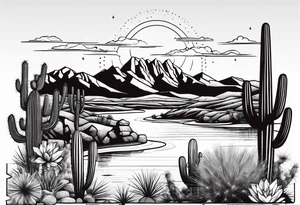 Arizona desert with lakes and mountains over cactus tattoo idea