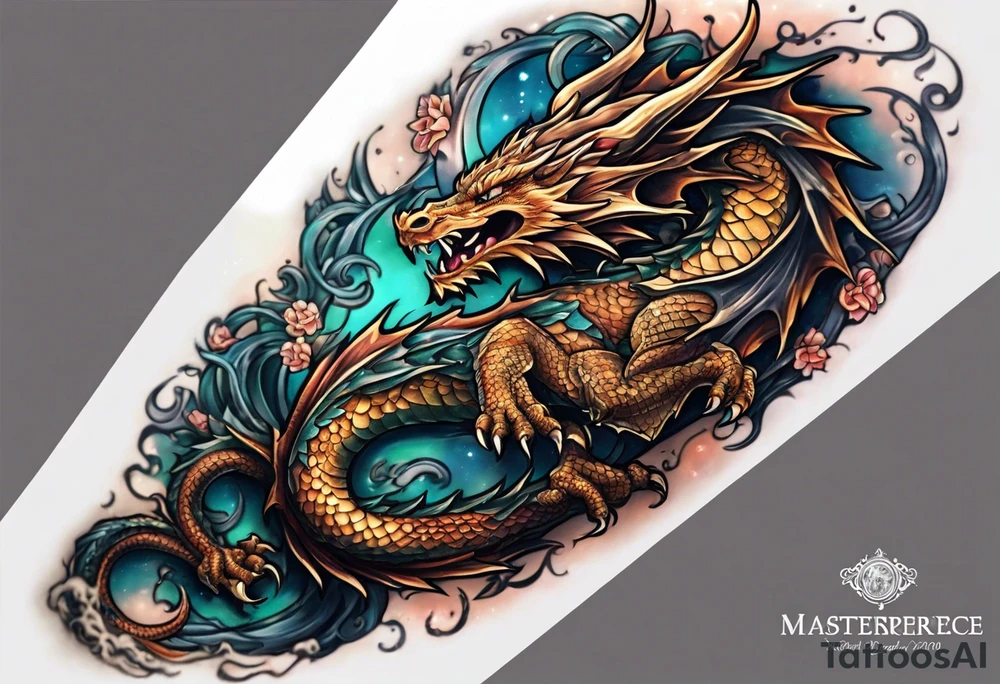 Dragon arm sleeve with an eldritch design tattoo idea