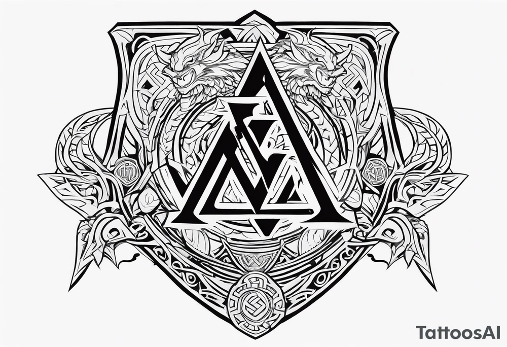 Valhalla sword shield dragon axe Valknut tribal tattoo idea