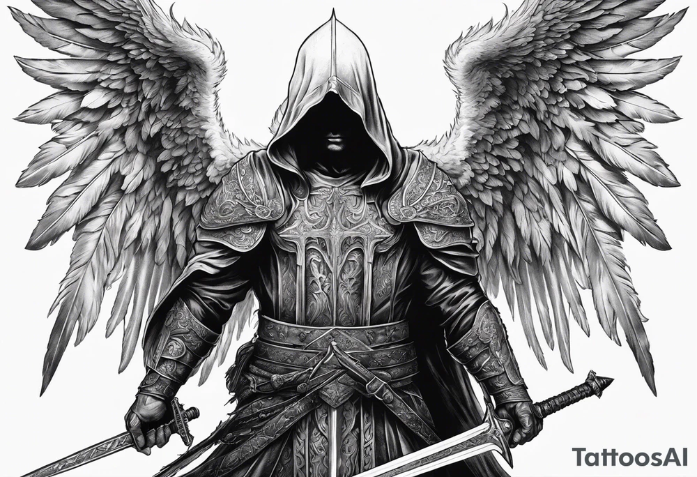 realistic angel of death, man, full body, no face visible, holding one sword, sword pointing downwards, both hands are holding the sword tattoo idea