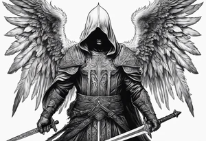 realistic angel of death, man, full body, no face visible, holding one sword, sword pointing downwards, both hands are holding the sword tattoo idea