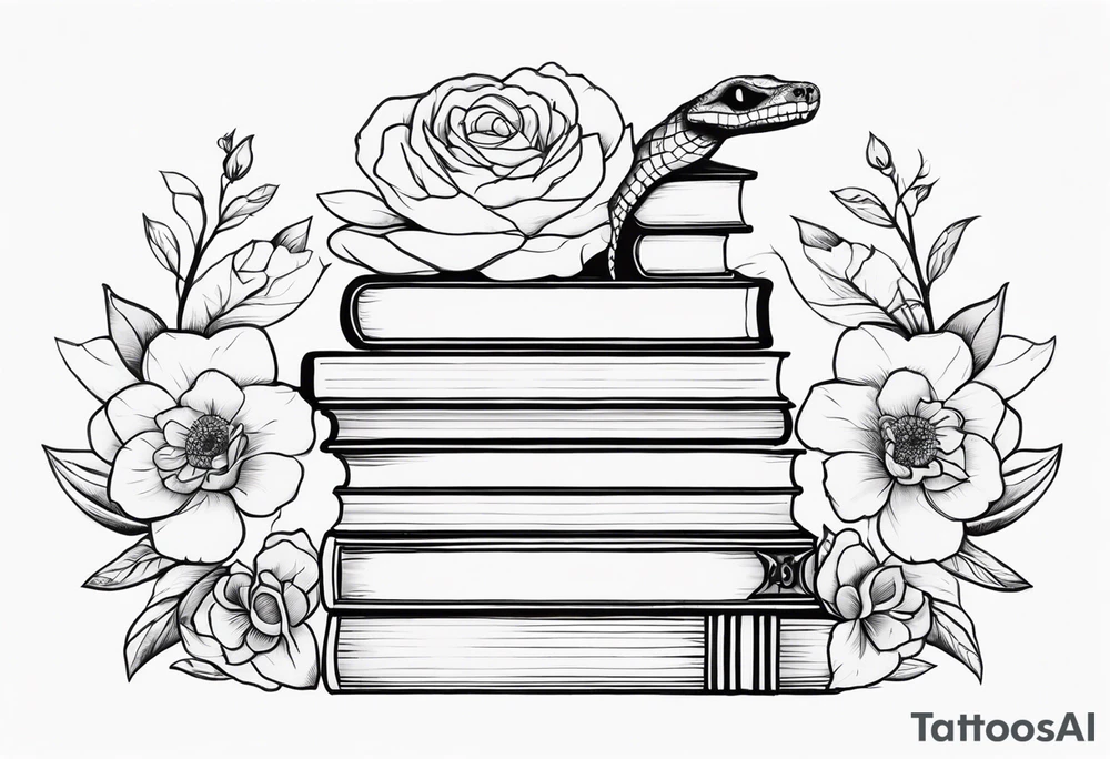 feminine tattoo of stacked books and flowers with a snake and skull tattoo idea