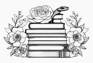 feminine tattoo of stacked books and flowers with a snake and skull tattoo idea