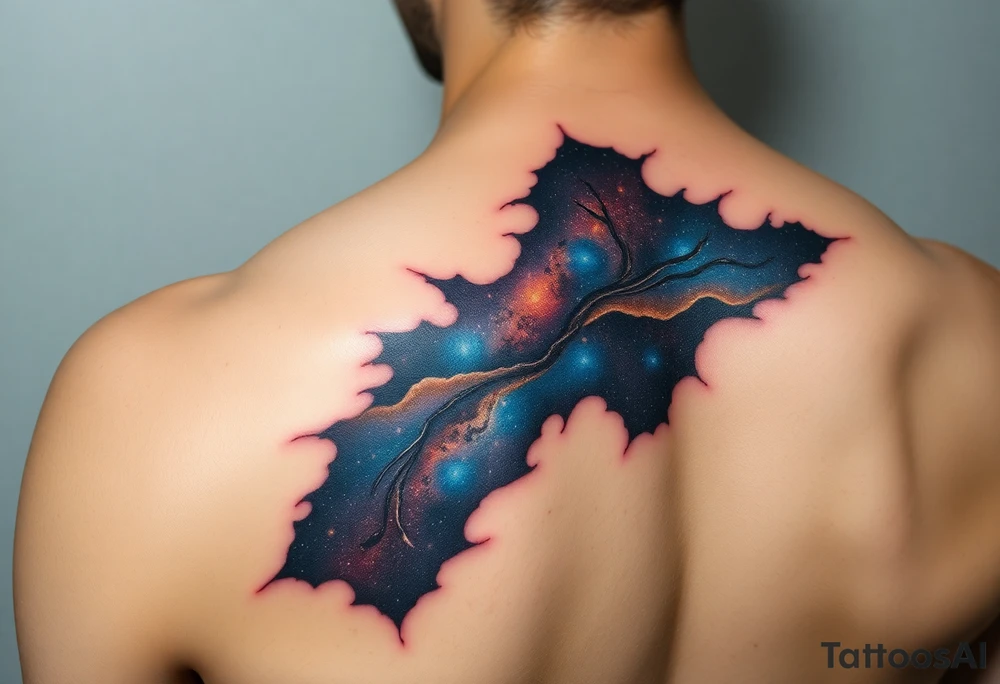 Beautiful and epic 3d milky way that appears to be what is beneath the skin. Make it drape over the shoulder and move to the middle back. use negative spaces to create stars and dust. Incorporate God breathing life into the universe. Keep it symmetrical tattoo idea