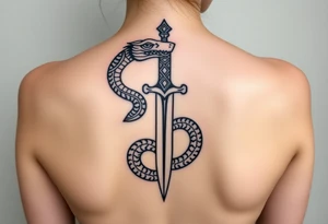 mystical snake coiled around an ancient dagger with jeweled hilt tattoo idea