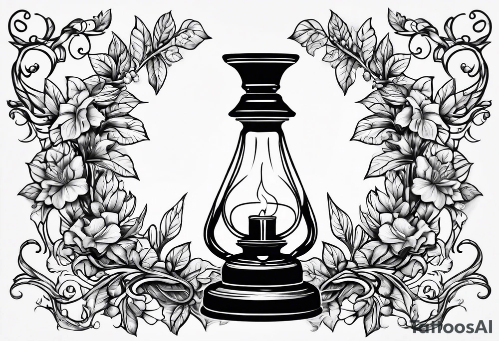 Oil lamp surrounded by leafy vines tattoo idea