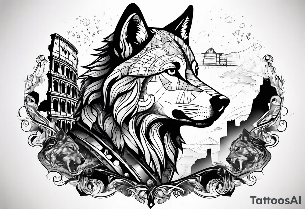 Abstract trash polka style tattoo with a wolf and the Roman Colosseum. tattoo idea