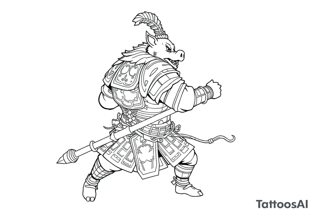Please design a tattoo stencil linework drawing of Marshal Tian Peng (Pigsy from Chinese mythology) in a realistic traditional tattoo style. He should be wearing heavy armor, holding a weapon (like a rake or traditional polearm), with a dynamic pose as if charging out of the frame.
This design is for tattoo stencil transfer, so please use only clean black outlines, no shading, no colors, just clear line art suitable for professional tattoo artists to transfer on skin. tattoo idea