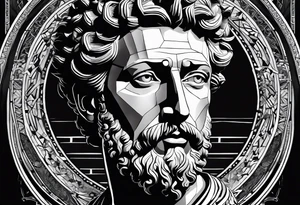 The Face of marcus aurelius with the lower left half missing. He is looking slightly away at 25 degrees. Geometric symbols framing the background tattoo idea