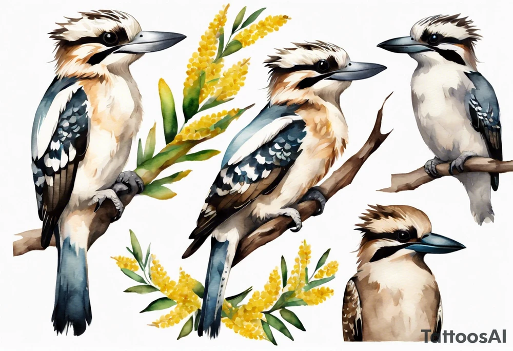 Small kookaburra holding wattle leaves tattoo idea