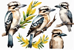 Small kookaburra holding wattle leaves tattoo idea