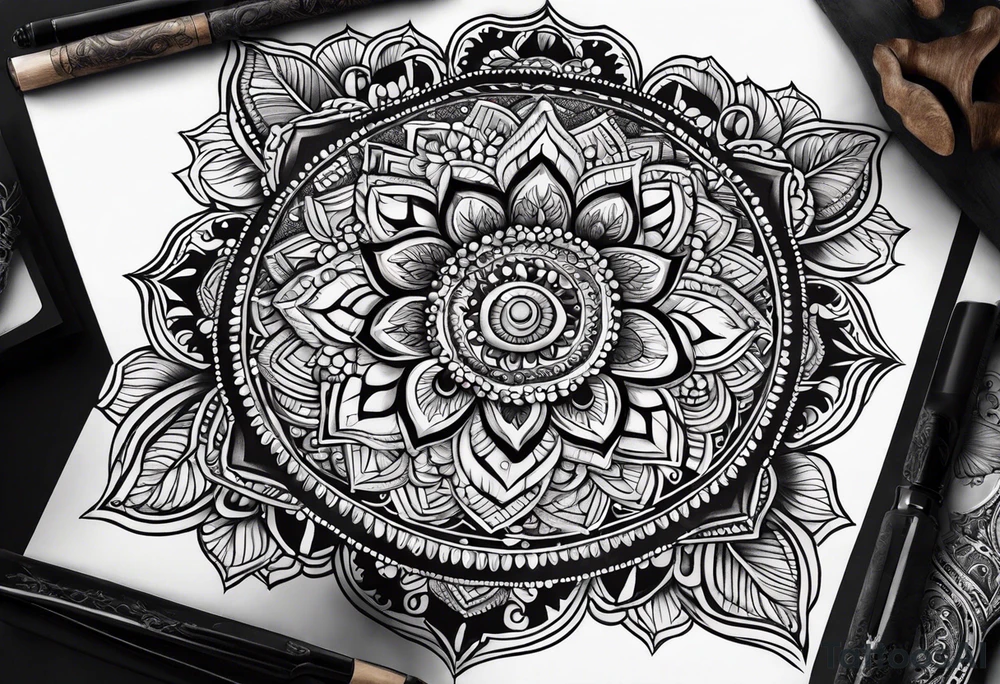 Black mushroom tattoo with henna style mandala design surrounding it tattoo idea